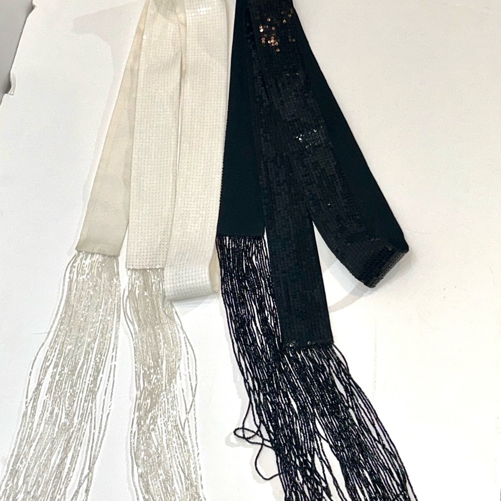 Per Se Black, White Sequined and Beaded Sash Belts Set with Fringe - Picture 13 of 13